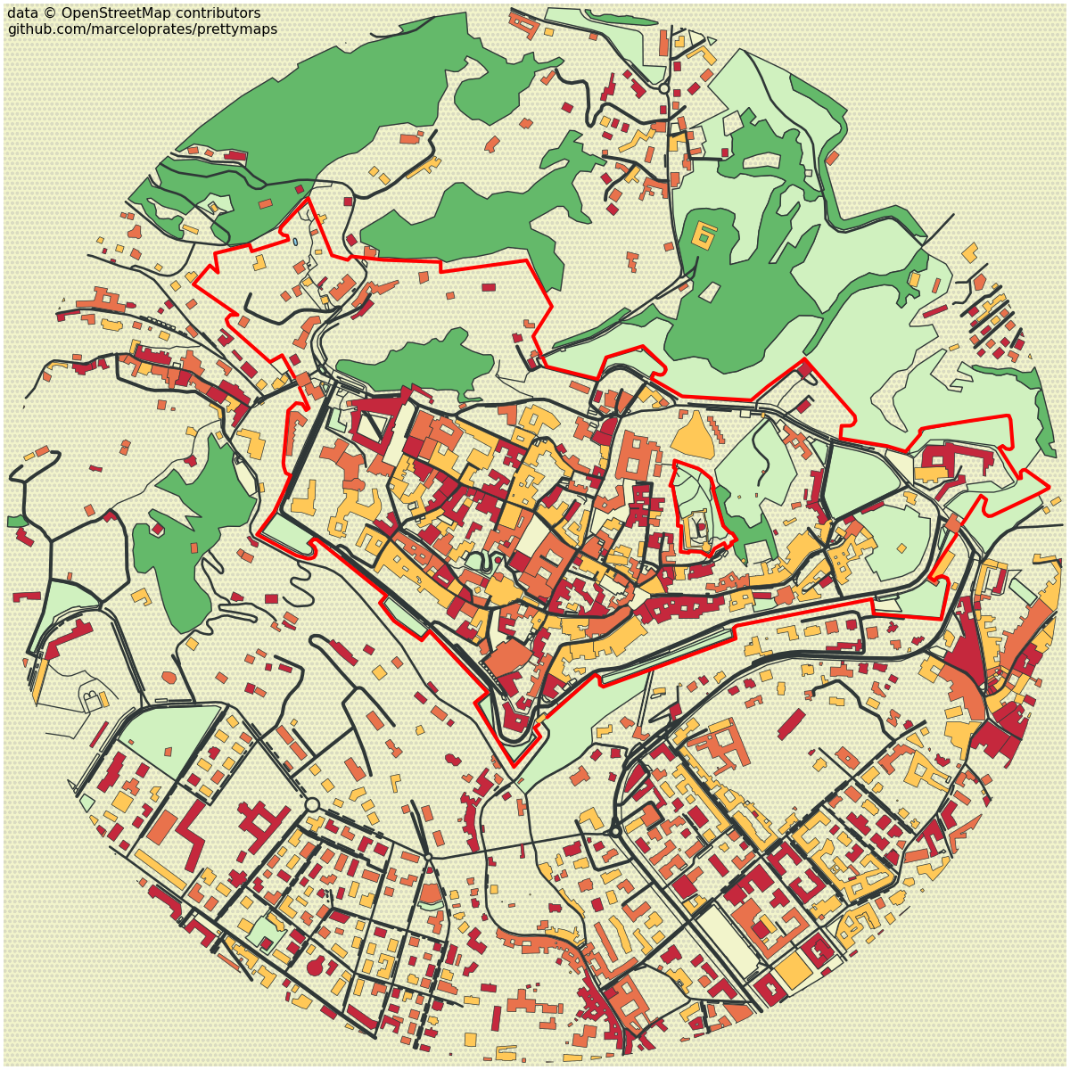 Foto di Bergamo con mappa con mura con prettymaps